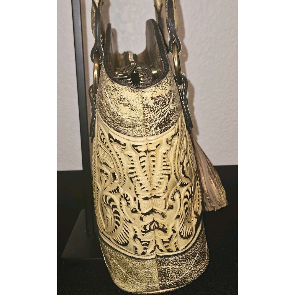 Patricia Nash Burnished Tooled Zorita Satchel Bag Metallic gold finish 14x10x4 - Picture 8 of 15